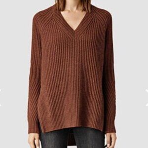 AllSaints Riva Jumper Wool Alpaca Pullover Sweater in Rust Chunky Knit V-Neck M